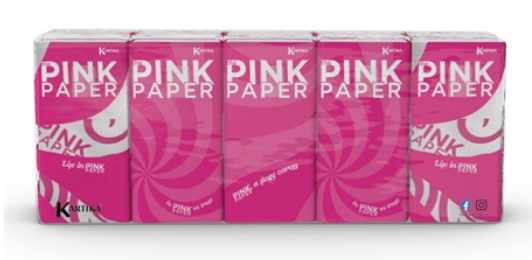 A0083  KARTIKA THE PINK PAPER PAÑUELO P-10X9UNDS. 4 CAPAS BLANCO PERIMETRAL PURA CELULOSA 90 SERVICIOS H 21 x L 21 cm