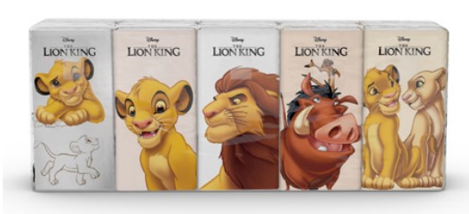A0128  KARTIKA KOLLECTION "EL REY LEON" PAÑUELO  P-10X9 UNDS. 4 CAPAS  DECORADO GOFRADO PERIMETRAL PURA CELULOSA 90 SERVICIOS H 21 x L