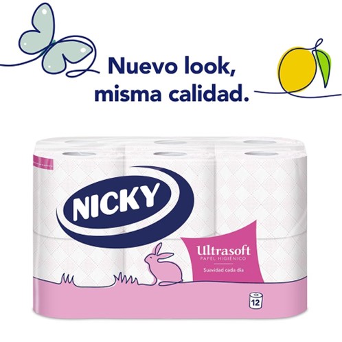 A0172  NICKY PAPEL HIGIÉNICO ULTRASOFT 12 ROLLOS 2 CAPAS X 8 PAQ. (FSC)