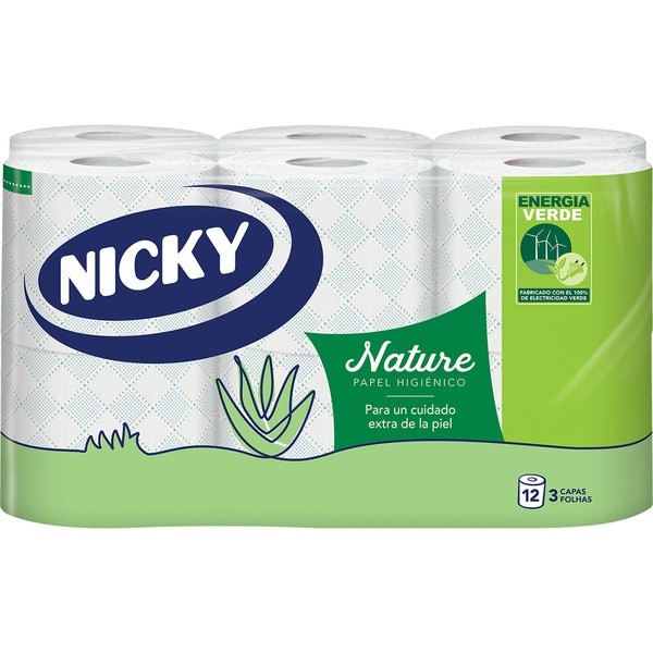 A0176  NICKY PAPEL HIGIÉNICO NATURE 12 ROLLOS 3 CAPAS X 3 (FSC)