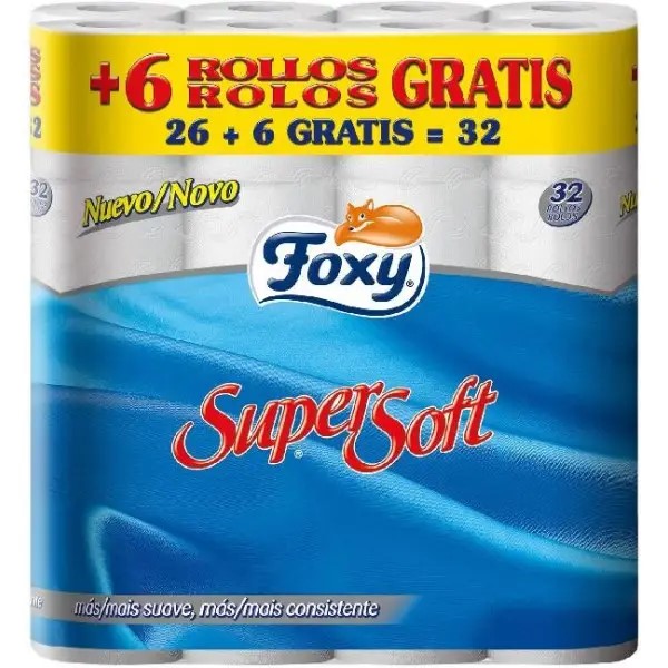 A0250  FOXY PAPEL SUPER SOFT HIGIENICO 26+6=32 ROLLOS 2 CAPAS