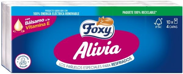 A0254  FOXY PAÑUELO ALIVIA 4 CAPAS 10X9UNDS. CON BÁLSAMO A LA VITAMINA E