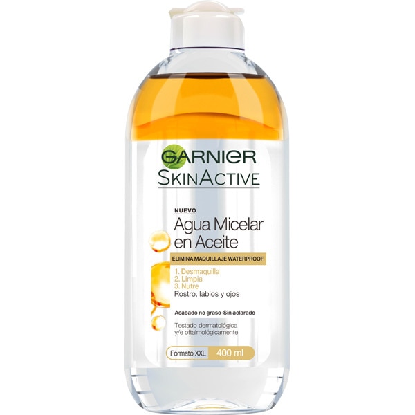 A0903  GARNIER SKIN ACTIVE AGUA MICELAR EN ACEITE 400ML (ELIMINA MAQUILLAJE WATERPROOF - DESMAQUILLA LIMPIA NUTRE)