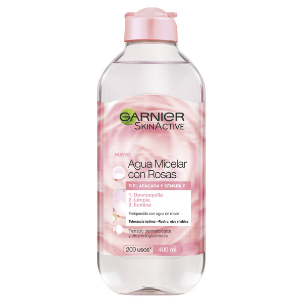 A0906  GARNIER SKIN ACTIVE AGUA MICELAR ROSAS 400ML (DESMAQUILLA LIMPIA E ILUMINA) PIEL APAGADA Y SENSIBLE