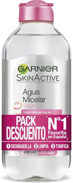 A0909  GARNIER SKIN ACTIVE AGUA MICELAR CLASICA TODO EN 1 -DUPLO- 400ML (DESMAQUILLA - LIMPIA Y TONIFICA)