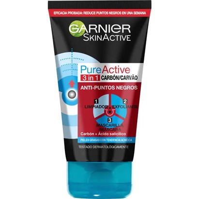 A0913  GARNIER PURE ACTIVE 3 EN 1 LMIPIADOR EXFOLIANTE ANTIPUNTOS NEGROS CON CARBON 150 ML
