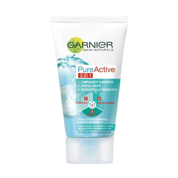 A0914  GARNIER PURE ACTIVE GEL 3 EN 1 SKIN NATURALS 150ML (LIMPIADOR EXFOLIANTE Y MASCARILLA)