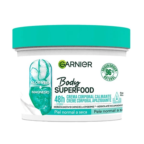 A0938  GARNIER BODY SUPERFOOD CALMANTE ALOE VERA Y MAGNESIO 48H. HIDRATACIÓN 380 ML (PIEL EXTRASECA)