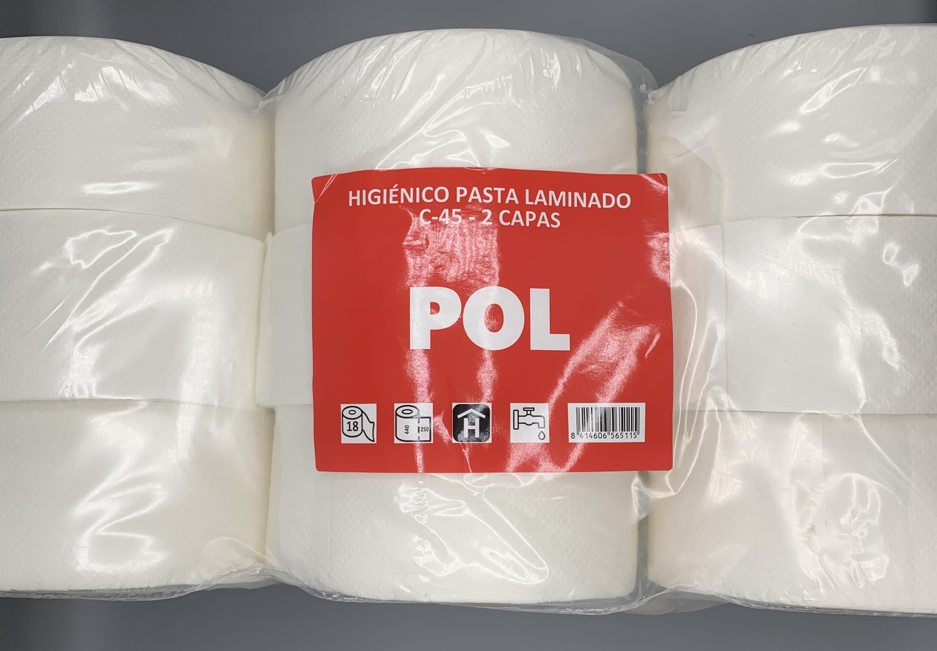 A1000  POL ROLLO HIGIENICO INDUSTRIAL 18 R. PASTA 250 SERVICIOS LAMINADO C-45