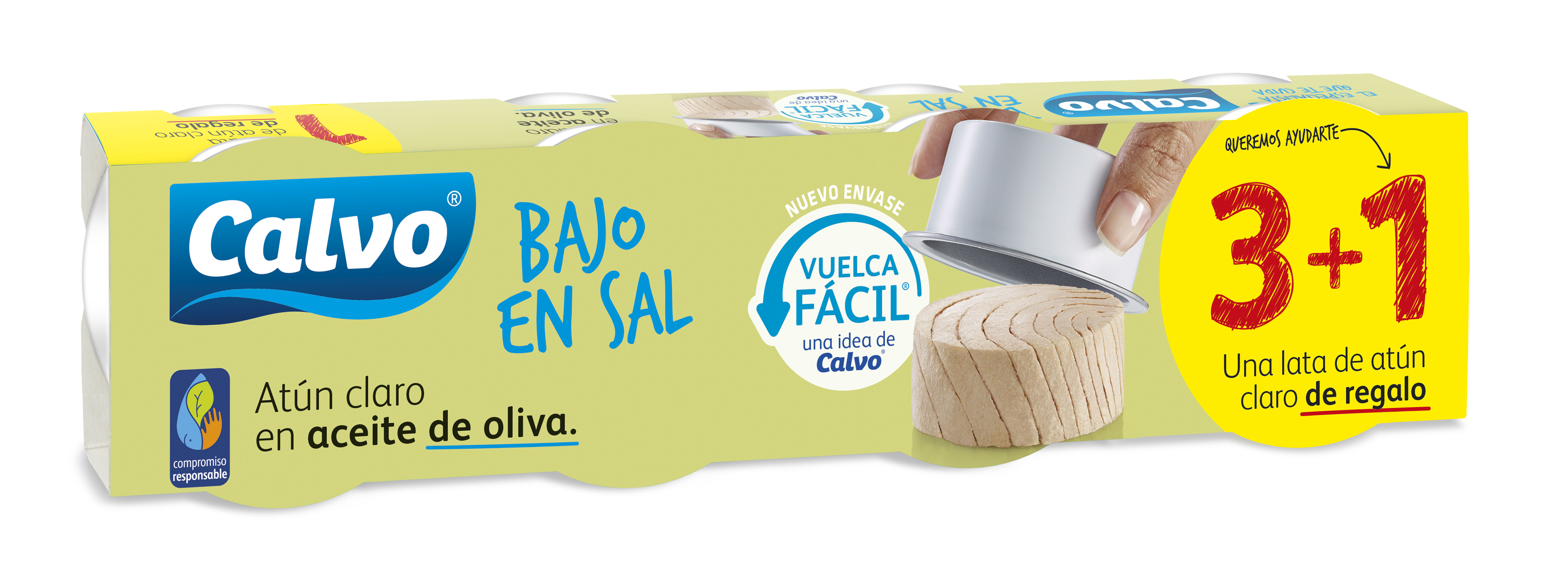 A1138  CALVO ATÚN CLARO ACEITE OLIVA BAJO EN SAL PACK 3+1 RP65 GRAMOS RP-VF